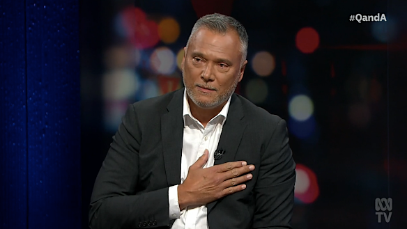 Stan Grant makes an emotional speech after stepping down as host of Q+A. 