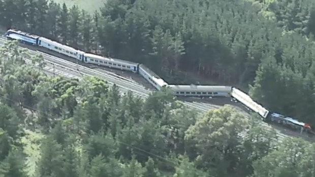 Aerial shots of train derailment at Wallan.