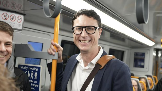 Transport Minister Bart Mellish on the train on Monday morning.