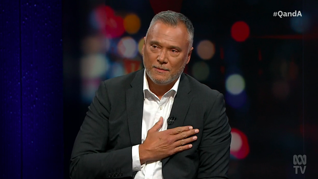 Stan Grant makes an emotional speech after stepping down as host of Q+A. 