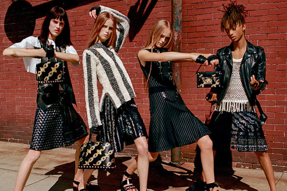Louis Vuitton’s spring 2016 campaign, featuring Jaden Smith at right in a metallic kilt.