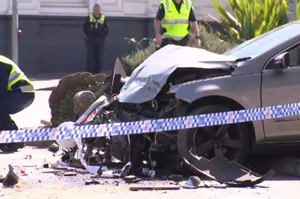Police investigate the cause of the crash in Carlton on Saturday.