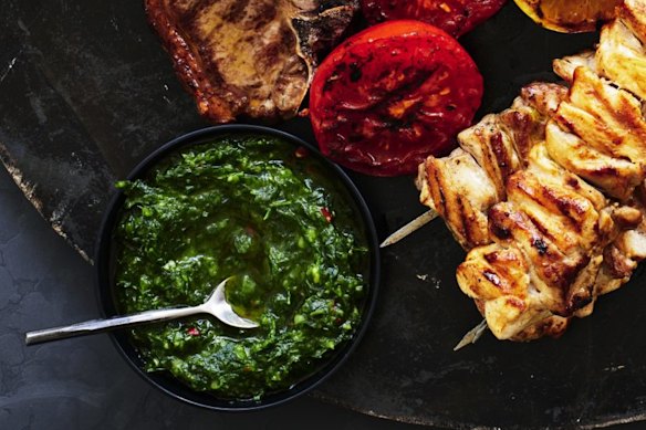 Mixed grill with salsa verde.