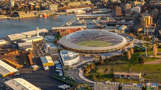 An artist’s render of the Macquarie Point stadium site on the edge of Hobart’s CBD.
