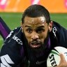 Joshua Addo-Carr of the Storm dives to score the first try of the match.