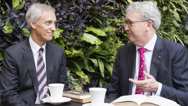 University of Wollongong Vice Chancellor Professor Paul Wellings (right) with Ramsay Centre chief executive, Professor Simon Haines, after a signing the deal with the Ramsay Centre for Western Civilisation.