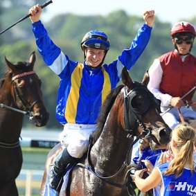 James McDonald salutes coming back on  Dundeel after his Randwick Guineas at Warwick Farm in 2013. 