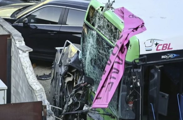 The front of the bus and several cars were damaged.