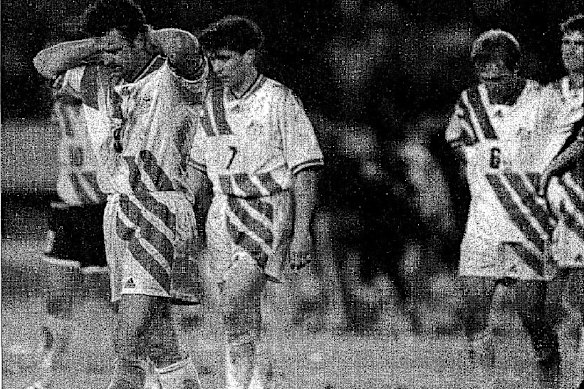 From the front page of the Sydney Morning Herald on November 18, 1993: Dejected Socceroos Graham Arnold (9), Frank Farina (7) and Paul Wade (6) trudge off the Studio Monumental in Buenos Aires after their 1-0 loss to Argentina in the World Cup qualifying round.
