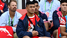 Isaiya Katoa sits with his arm in a sling.