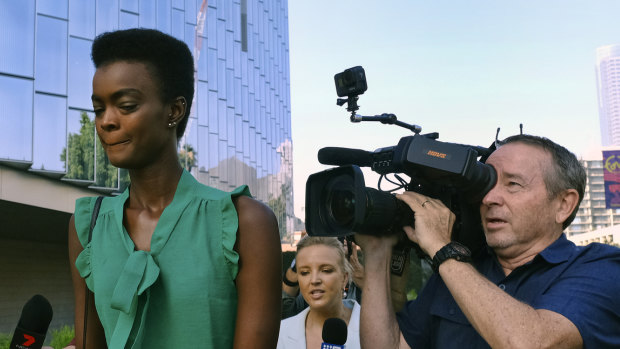 Australian-South Sudanese model Adau Mornyang arrives at court in downtown Los Angeles.