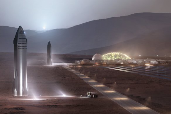 Official SpaceX artist renderings of a colony on Mars involving the Starship rocket. 