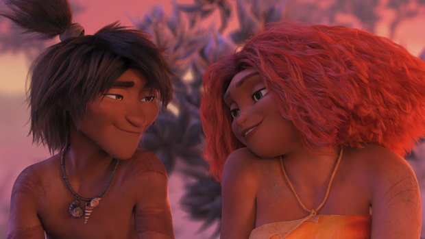 Ryan Reynolds and Emma Stone return as Guy and Eep in The Croods: A New Age.