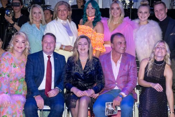 Nina and Adrian Schrinner with Premier Annastacia Palaszczuk and Reza Adib (front row from left) at the Designer Group Show at Brisbane Fashion Festival 2022.