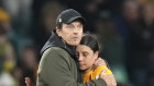 Coach Tony Gustavsson and captain Sam Kerr react to the Matildas’ loss.