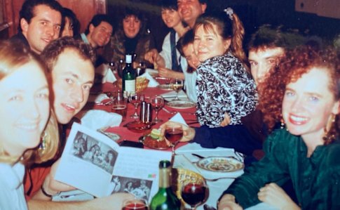 Living large in London: Helen Pitt (right) and Aussie friends in London in 1990.