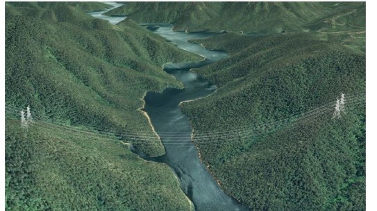 A photo montage of the Tumut River/Talbingo Reservoir with the likely transmission lines added.