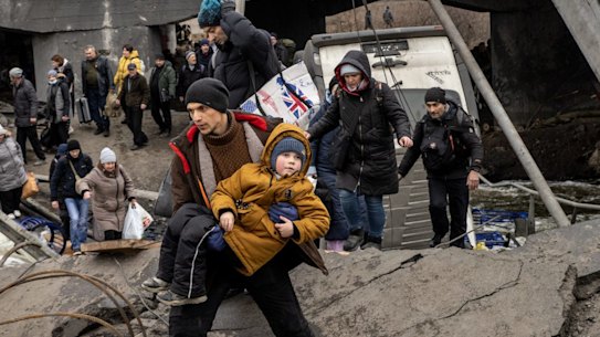 Many Ukrainians, such as these residents of Irpin, have been forced to flee the violence of the Russian invasion.