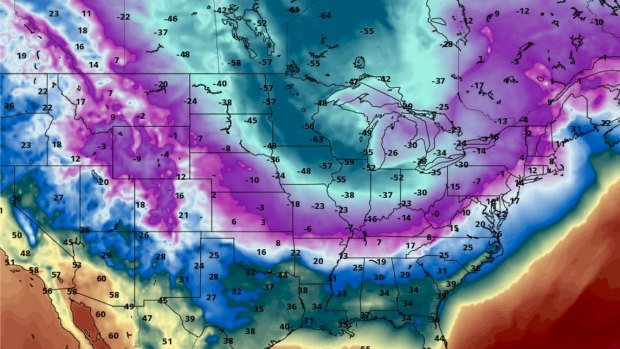 The polar vortex dips down into the US.