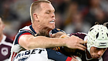 Jordan Riki takes a run for Brisbane against the Roosters.