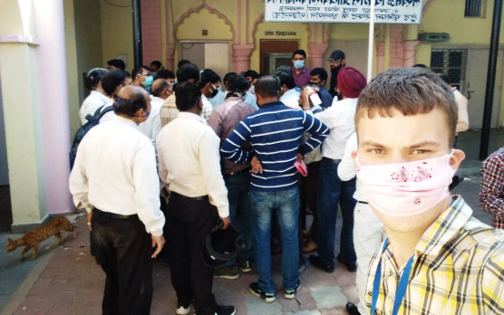 Tom Delaney outside a government office in Lucknow, India, in April 2020