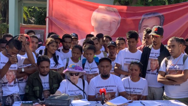 Members of East Timorese civil society group MKOTT, including Tomas Freitas (seated) and Shirley Shackleton, the widow of Balibo Five victim Greg Shackleton, at a protest on Wednesday.