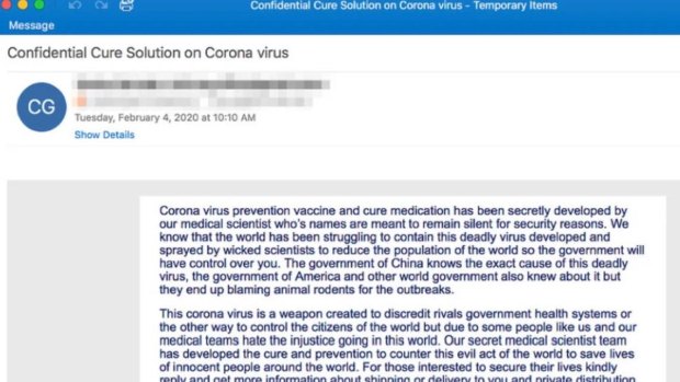 A phishing email purporting to provide information on coronavirus.