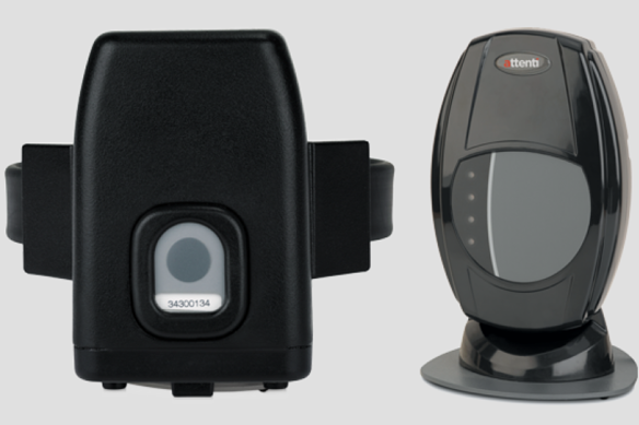 A self-contained Attenti one-piece tracking device as shown on the company’s website.