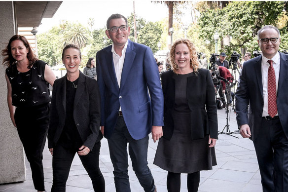 In happier times: The Premier just after Labor's landslide win in the 2018 election with new ministers (L to R) Jaclyn Symes, Gabrielle Williams, Melissa Horne and Adem Somyurek.