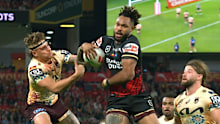 Hamiso Tabuai-Fidow beating Reece Walsh in the air.