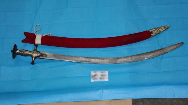 A sword allegedly used in the melee and seized as evidence  by police.