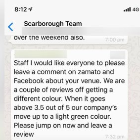 A message sent by a staff member directing employees to leave reviews on the restaurant locations on social media.