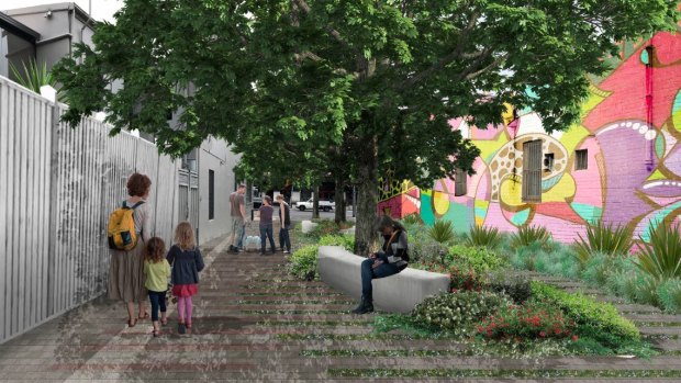 An artist's impression of a 300-square-metre park to be built on Petersham Street between Parramatta Road and Queen Street.