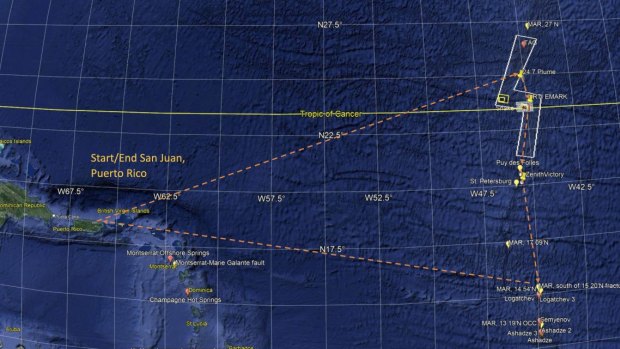 The travel plan for the expedition, departing from Puerto Rico to co<em></em>nduct search around the Mid-Atlantic Ridge. 