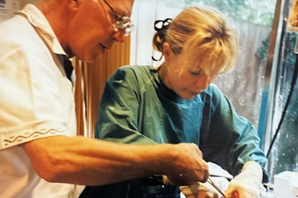 Nigel guiding Emma through a surgery In the 1990s.
