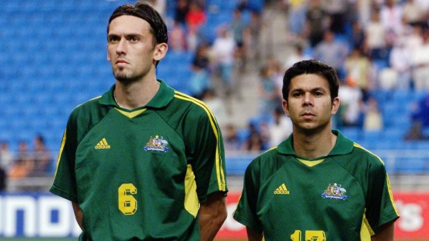 Joined at the hip: Tony Popovic and Steve Corica lining up before Australia's Confederations Cup clash against Mexico in 2002.