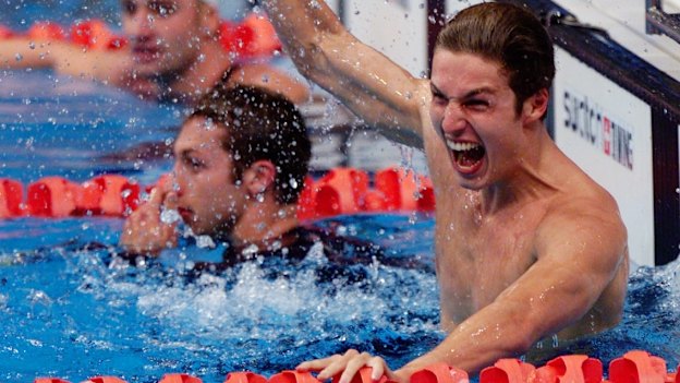 Pieter van den Hoogenband celebrates his 200m freestyle win over Ian Thorpe at the Sydney Olympics. 
