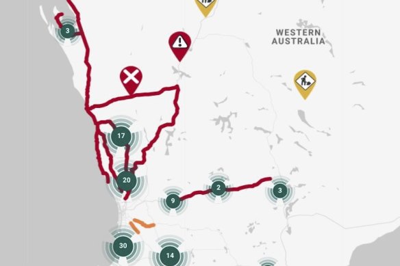 Major roads providing access to WA’s regional towns north of Perth remain closed.