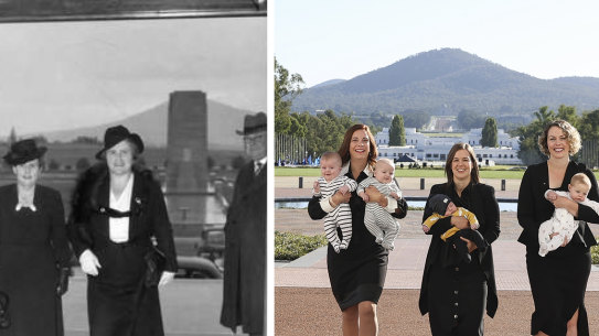 Labor MPs Anika Wells, Kate Thwaites and Alicia Payne last week returned to Parliament from maternity leave and paid homage to a 1943 photo of Dorothy Tangney and Dame Enid Lyons entering the front door of Old Parliament House.