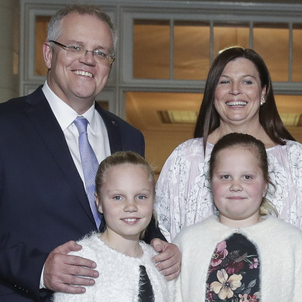 Scott Morrison with wife Jenny and daughters Abigail and Lily after being sworn in as Prime Minister in August. 