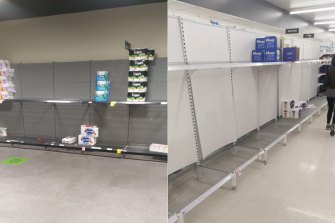 Empty toilet paper shelves at Roselands Woolworths, left, and Coles.
