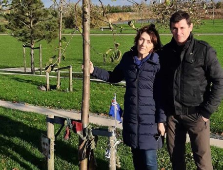 Jon and Meryn O’Brien at the crab apple tree memorial to their son Jack at the MH17 National Monument in Vijfhuizen, Netherlands.