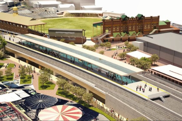 An artist’s impression of the upgraded Exhibition train station at the RNA Showgrounds in Bowen Hills.