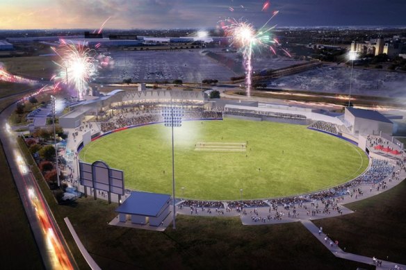 An artist’s impression of Grand Prairie Stadium, a converted baseball stadium in Dallas, Texas, where the first Major League Cricket tournament will be based.