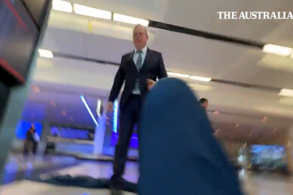 A still from The Australian’s video of an incident between a journalist and Nine Chairman Peter Costello at Canberra Airport.