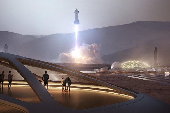 Official SpaceX artist renderings of a colony on Mars involving the Starship rocket.