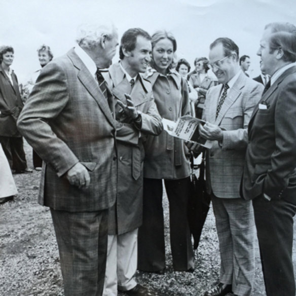 Education officials including Davis Hughes at the opening of the Narrabeen binis in 1974. 