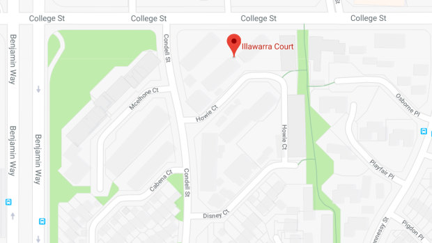 A map identifying the location of the Illawarra Court apartment complex in Belconnen.