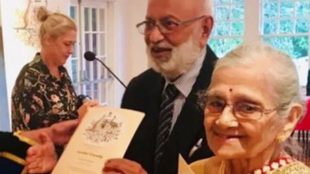 Gangotri Maharaj was holding hands with her husband Vijay at the time she was hit and killed by a concrete truck on Willoughby Road. Here they become Australian citizens.