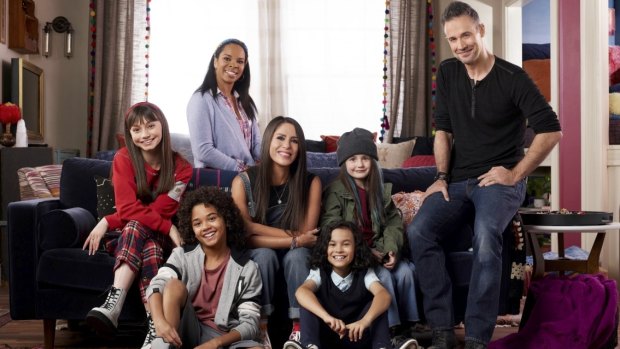 Soleil Moon Frye (centre), Cherie Johnson (back), Freddie Prinze Jr. (right) and the cast of Punky Brewster.